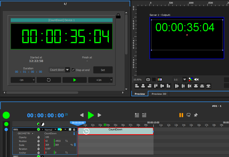 The CountDown device widget on a UserScreen showing 00:00:35:04, next to the 2D preview where a linked Countdown media displays the same value on Output 1, and the media's cue on a timeline below