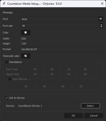 The Countdown Media Setup dialog, with Link to Device ticked and a CountDown device selected, and the Standalone start and target times greyed out
