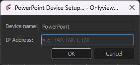 The PowerPoint Device Setup dialog, with its Device name and IP Address fields